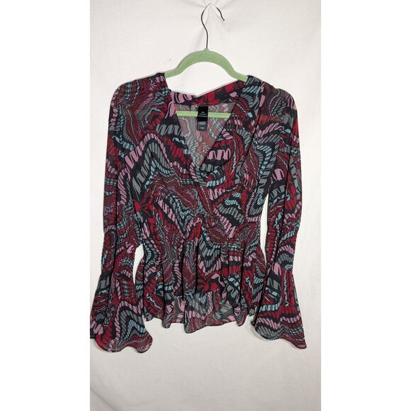 BISOU BISOU Womens Sheer Smocked Midriff Tunic Top M Boho Sleeve Whimsical Artsy - Picture 1 of 5